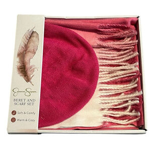 Jessica Simpson Beret And Scarf Gift Set Pink White Womens OS Warm Soft NWT